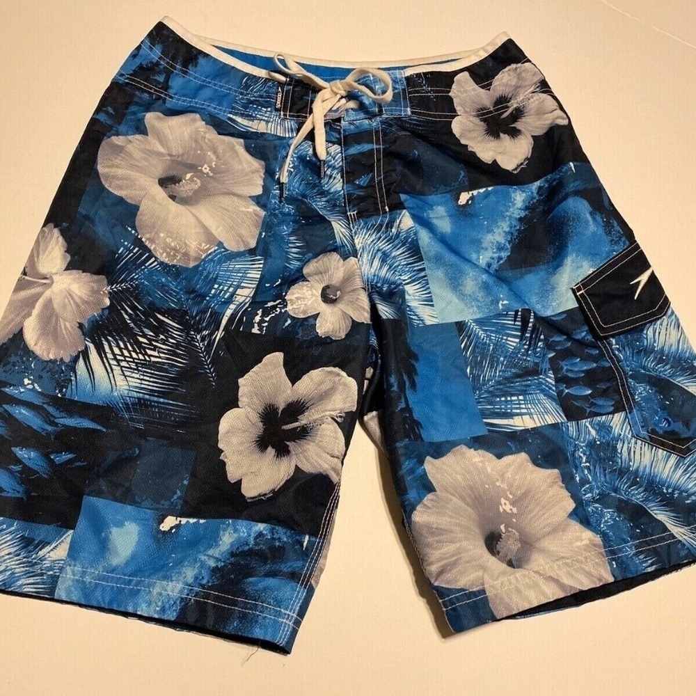 Speedo Navy Blue Mens Lined Board Shorts Swim Trunk Floral Print Size 32
